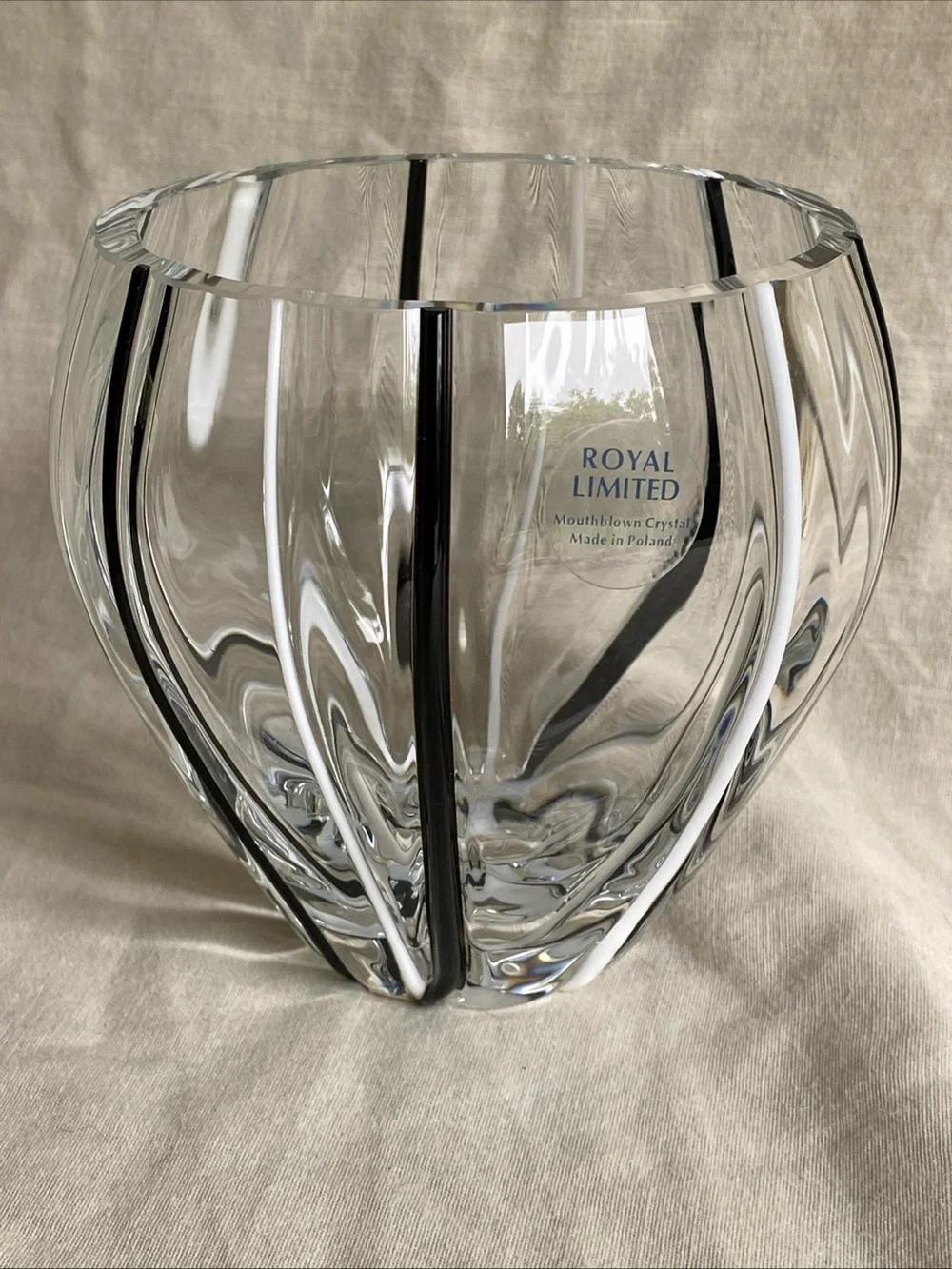 Royal Limited Mouth Blown Crystal Vase Black White Fused Stripes Poland Vintage
